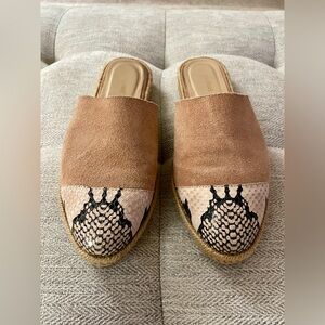 Kaanas Size 7 Suede and Snake Two Tone Espadrille Mules